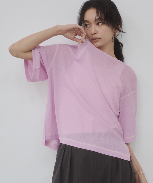 hunch(ハンチ)の「シアーワッフル 微配色ステッチTシャツ(Tシャツ/カットソー・レディース・ダークグリーン/ダークブラウン/オフホワイト/ピンク・FREE)」の4枚目の写真