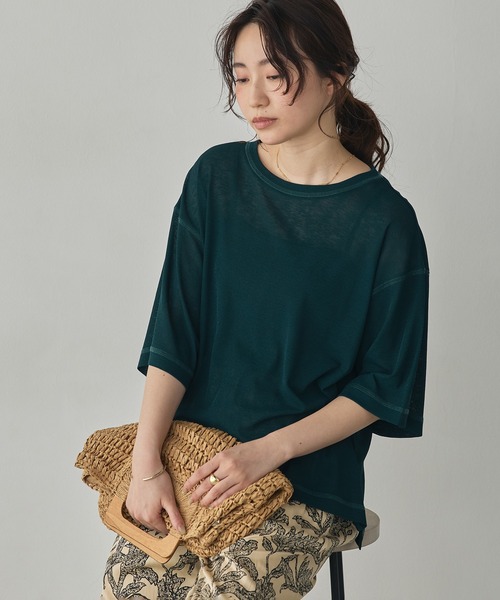hunch(ハンチ)の「シアーワッフル 微配色ステッチTシャツ(Tシャツ/カットソー・レディース・ダークグリーン/ダークブラウン/オフホワイト/ピンク・FREE)」の3枚目の写真