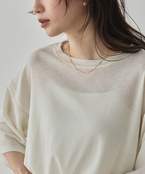 hunch(ハンチ)の「シアーワッフル 微配色ステッチTシャツ(Tシャツ/カットソー・レディース・ダークグリーン/ダークブラウン/オフホワイト/ピンク・FREE)」の5枚目の写真