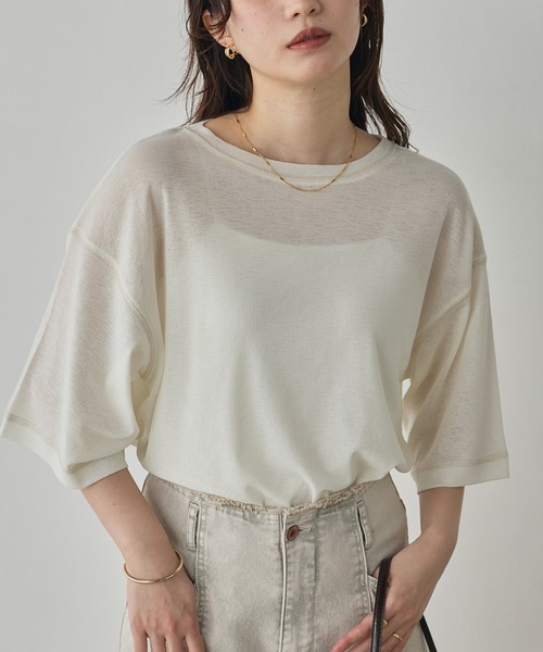 hunch(ハンチ)の「シアーワッフル 微配色ステッチTシャツ(Tシャツ/カットソー・レディース・ダークグリーン/ダークブラウン/オフホワイト/ピンク・FREE)」の6枚目の写真