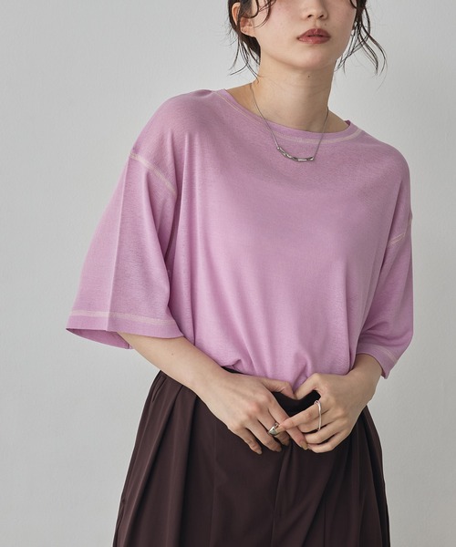 hunch(ハンチ)の「シアーワッフル 微配色ステッチTシャツ(Tシャツ/カットソー・レディース・ダークグリーン/ダークブラウン/オフホワイト/ピンク・FREE)」の11枚目の写真