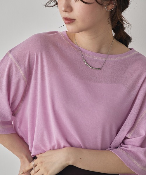 hunch(ハンチ)の「シアーワッフル 微配色ステッチTシャツ(Tシャツ/カットソー・レディース・ダークグリーン/ダークブラウン/オフホワイト/ピンク・FREE)」の12枚目の写真