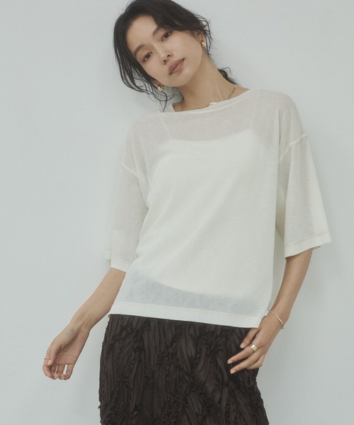 hunch(ハンチ)の「シアーワッフル 微配色ステッチTシャツ(Tシャツ/カットソー・レディース・ダークグリーン/ダークブラウン/オフホワイト/ピンク・FREE)」の7枚目の写真