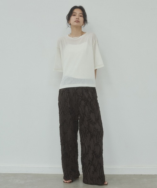 hunch(ハンチ)の「シアーワッフル 微配色ステッチTシャツ(Tシャツ/カットソー・レディース・ダークグリーン/ダークブラウン/オフホワイト/ピンク・FREE)」の8枚目の写真