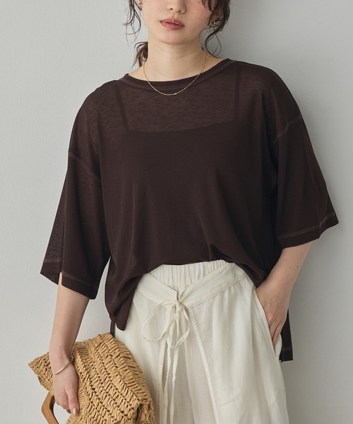 hunch(ハンチ)の「シアーワッフル 微配色ステッチTシャツ(Tシャツ/カットソー・レディース・ダークグリーン/ダークブラウン/オフホワイト/ピンク・FREE)」の9枚目の写真