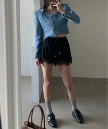 裾レース付きサテンライクイージーショートパンツ