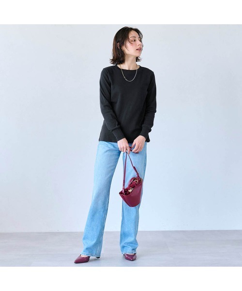 Hotcott（ホットコット）の「きこまぬコットン・あったかクルーネック長袖Tシャツ【身生地綿100%】（Tシャツ/カットソー・レディース・ブラック/ホワイト×ブラック・L/M/S/LL）」の4枚目の写真