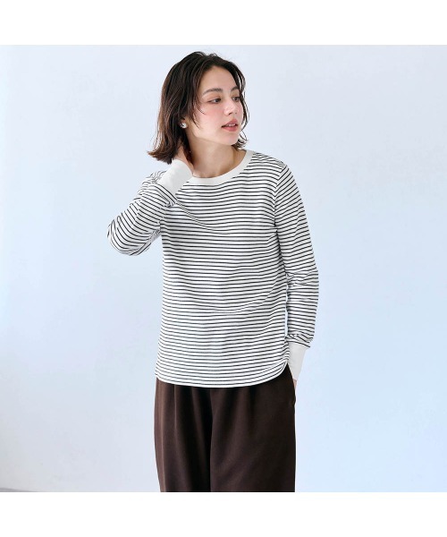 Hotcott（ホットコット）の「きこまぬコットン・あったかクルーネック長袖Tシャツ【身生地綿100%】（Tシャツ/カットソー・レディース・ブラック/ホワイト×ブラック・L/M/S/LL）」の5枚目の写真