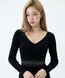 クリスタルライン Vネック ロングスリーブTシャツ（ブラック）