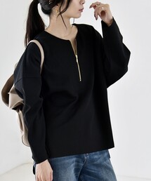 〈手洗い可能〉カットジョーゼット ハーフジップ クルーネック プルオーバー
