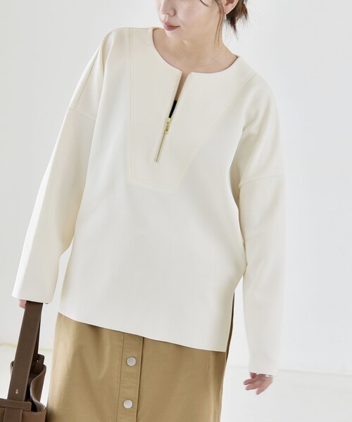 quaranciel(カランシエル)の「〈手洗い可能〉カットジョーゼット ハーフジップ クルーネック プルオーバー(Tシャツ/カットソー・レディース・ブラック/ベージュ/ネイビー/オフホワイト・ONE SIZE)」の7枚目の写真