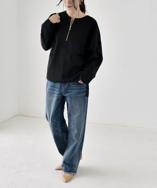 quaranciel(カランシエル)の「〈手洗い可能〉カットジョーゼット ハーフジップ クルーネック プルオーバー(Tシャツ/カットソー・レディース・ブラック/ベージュ/ネイビー/オフホワイト・ONE SIZE)」の13枚目の写真