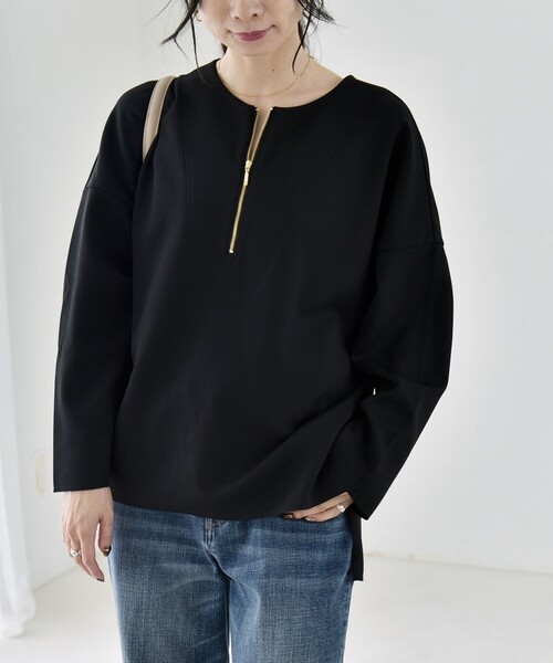 quaranciel(カランシエル)の「〈手洗い可能〉カットジョーゼット ハーフジップ クルーネック プルオーバー(Tシャツ/カットソー・レディース・ブラック/ベージュ/ネイビー/オフホワイト・ONE SIZE)」の15枚目の写真