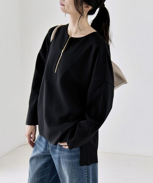 quaranciel(カランシエル)の「〈手洗い可能〉カットジョーゼット ハーフジップ クルーネック プルオーバー(Tシャツ/カットソー・レディース・ブラック/ベージュ/ネイビー/オフホワイト・ONE SIZE)」の16枚目の写真