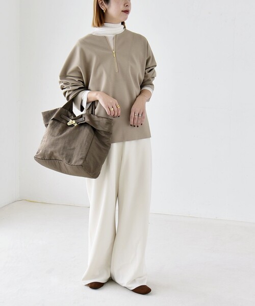 quaranciel(カランシエル)の「〈手洗い可能〉カットジョーゼット ハーフジップ クルーネック プルオーバー(Tシャツ/カットソー・レディース・ブラック/ベージュ/ネイビー/オフホワイト・ONE SIZE)」の21枚目の写真