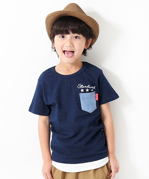 devirock（デビロック）の「ポケット付カットデニムワンポイント刺繍半袖Tシャツ（Tシャツ/カットソー・キッズ・ネイビー/サックスブルー・110cm/100cm/120cm/130cm/140cm/150cm/160cm）」の2枚目の写真