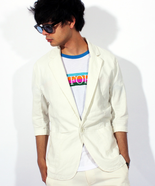 ８(eight)（エイト）の「7分袖 テーラードジャケット 綿 麻 ブレザー（テーラードジャケット・メンズ・ホワイト/ブラック/ベージュ/カーキ/ネイビー・MEDIUM/LARGE/X-LARGE）」の2枚目の写真