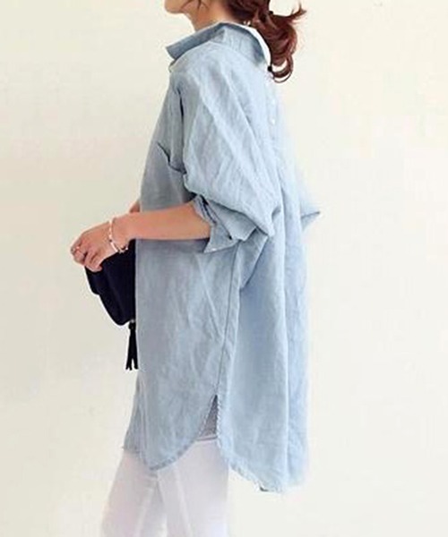 STYLEBLOCK（スタイルブロック）の「シアー素材ロングシャツブラウス（シャツ/ブラウス・レディース・ブルー/ホワイト・L/XL/S/M/2XL）」の7枚目の写真