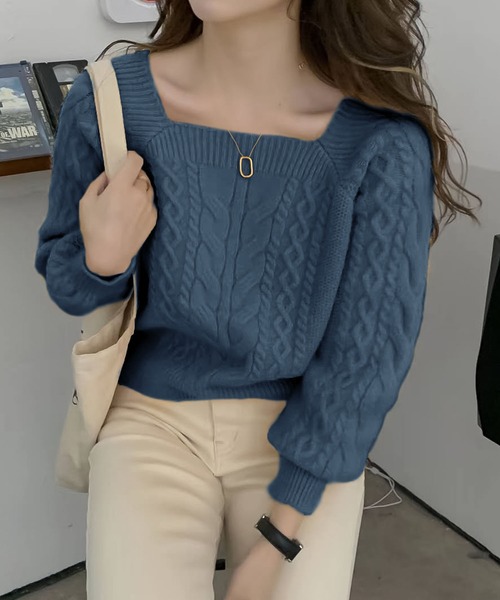 Girly Doll(ガーリードール)の「スクエアネックケーブルニット(ニット/セーター・レディース・ベージュ/パープル/ブラウン/イエロー/グリーン/ブラック/グレー/ブルーグレー/キャメル・FREE)」の4枚目の写真