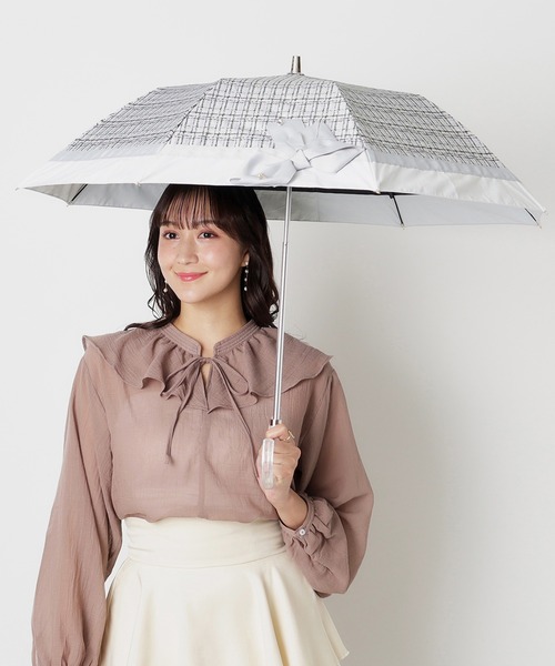 遮光 晴雨兼用折りたたみ日傘 楽折 切り継ぎビジューリボン