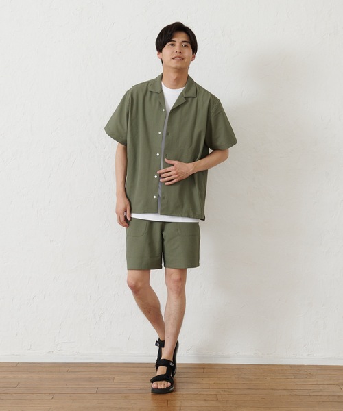 Blue Standard （ブルースタンダード）の「【セットアップ】【BLUE STANDARD/ブルースタンダード】シアサッカー無地オープンシャツ×ショートパンツ（セットアップ・メンズ・チャコールグレー/ネイビー/カーキ/アイボリー・MEDIUM/LARGE/X-LARGE）」の6枚目の写真