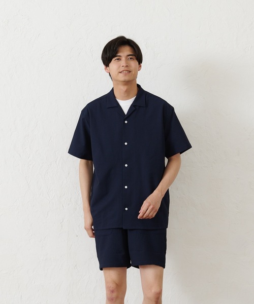 Blue Standard （ブルースタンダード）の「【セットアップ】【BLUE STANDARD/ブルースタンダード】シアサッカー無地オープンシャツ×ショートパンツ（セットアップ・メンズ・チャコールグレー/ネイビー/カーキ/アイボリー・MEDIUM/LARGE/X-LARGE）」の20枚目の写真