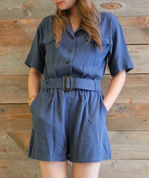 one way（ワンウェイ）の「【oneway Jeans】開襟ショートロンパース（サロペット/オーバーオール・レディース・ホワイト/ブラック/ダークブルー・FREE）」の3枚目の写真