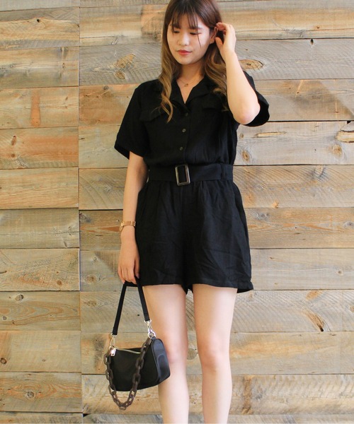 one way（ワンウェイ）の「【oneway Jeans】開襟ショートロンパース（サロペット/オーバーオール・レディース・ホワイト/ブラック/ダークブルー・FREE）」の7枚目の写真