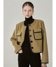 【Fano Studios】Leather piping collarless short jacket FD21W130