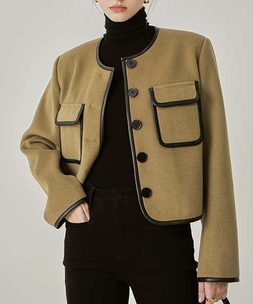 Fano Studios(ファノ ストゥディオズ)の「【Fano Studios】Leather piping collarless short jacket FD21W130(ノーカラージャケット・レディース・ブラウン・M/S/L)」の5枚目の写真