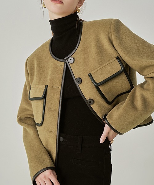 Fano Studios(ファノ ストゥディオズ)の「【Fano Studios】Leather piping collarless short jacket FD21W130(ノーカラージャケット・レディース・ブラウン・M/S/L)」の7枚目の写真