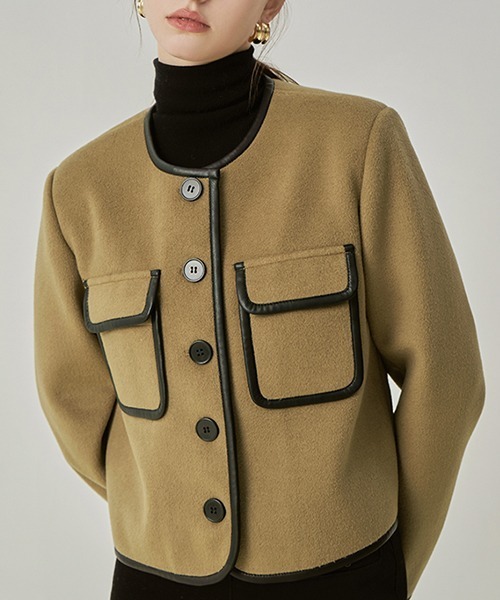 Fano Studios(ファノ ストゥディオズ)の「【Fano Studios】Leather piping collarless short jacket FD21W130(ノーカラージャケット・レディース・ブラウン・M/S/L)」の8枚目の写真