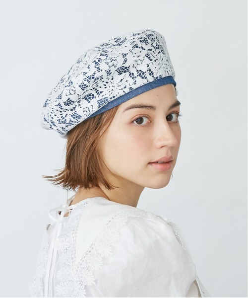 Chapeau d' O(シャポードオー)の「Chapeau d' O Flower Lace Denim Beret(ハンチング/ベレー帽・レディース・ブルー/ホワイト/ブラック・M/57.5cm)」の3枚目の写真