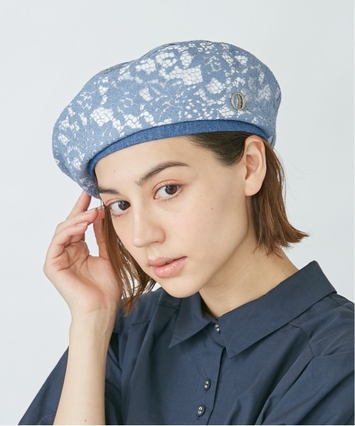 Chapeau d' O(シャポードオー)の「Chapeau d' O Flower Lace Denim Beret(ハンチング/ベレー帽・レディース・ブルー/ホワイト/ブラック・M/57.5cm)」の4枚目の写真