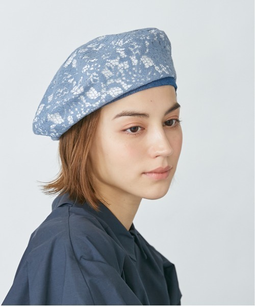 Chapeau d' O(シャポードオー)の「Chapeau d' O Flower Lace Denim Beret(ハンチング/ベレー帽・レディース・ブルー/ホワイト/ブラック・M/57.5cm)」の5枚目の写真