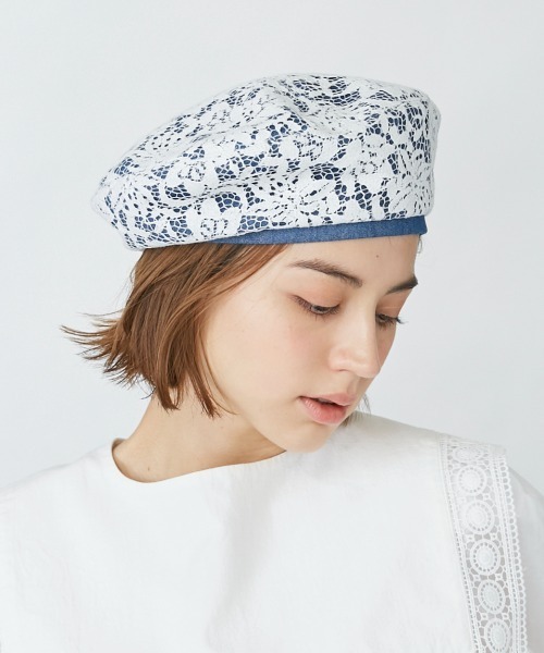 Chapeau d' O(シャポードオー)の「Chapeau d' O Flower Lace Denim Beret(ハンチング/ベレー帽・レディース・ブルー/ホワイト/ブラック・M/57.5cm)」の17枚目の写真