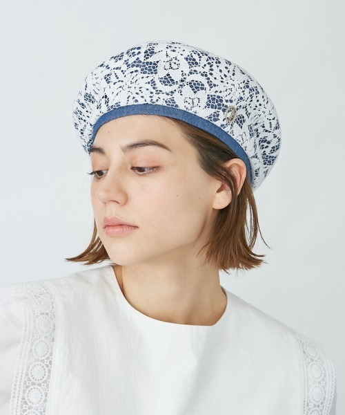 Chapeau d' O(シャポードオー)の「Chapeau d' O Flower Lace Denim Beret(ハンチング/ベレー帽・レディース・ブルー/ホワイト/ブラック・M/57.5cm)」の18枚目の写真