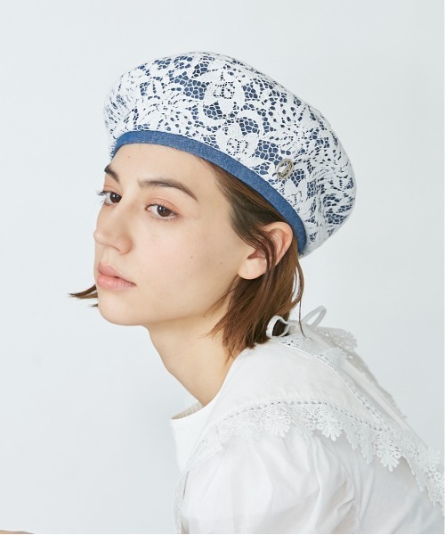 Chapeau d' O(シャポードオー)の「Chapeau d' O Flower Lace Denim Beret(ハンチング/ベレー帽・レディース・ブルー/ホワイト/ブラック・M/57.5cm)」の19枚目の写真