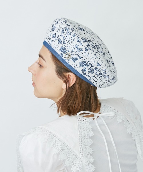 Chapeau d' O(シャポードオー)の「Chapeau d' O Flower Lace Denim Beret(ハンチング/ベレー帽・レディース・ブルー/ホワイト/ブラック・M/57.5cm)」の20枚目の写真