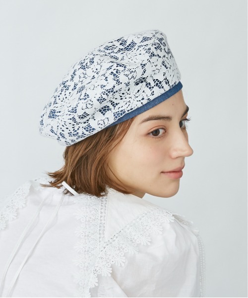 Chapeau d' O(シャポードオー)の「Chapeau d' O Flower Lace Denim Beret(ハンチング/ベレー帽・レディース・ブルー/ホワイト/ブラック・M/57.5cm)」の22枚目の写真