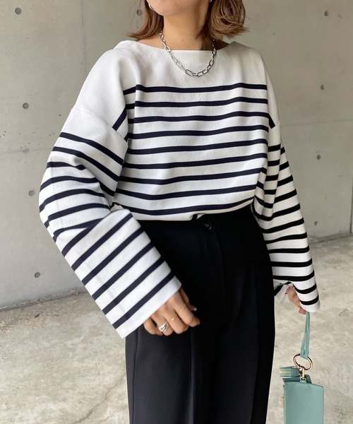 DouDou（ドゥドゥ）の「パネルボーダーニットプルオーバー（ニット/セーター・レディース・ブラック/ネイビー・FREE）」の12枚目の写真