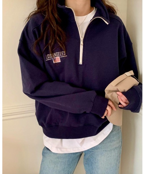 MINS MINIS（ミンスミニス）の「LA刺繍ハーフジップスウェット（スウェット・レディース・ライトグレー/ネイビー/グリーン・FREE）」の8枚目の写真