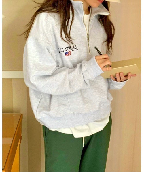 MINS MINIS（ミンスミニス）の「LA刺繍ハーフジップスウェット（スウェット・レディース・ライトグレー/ネイビー/グリーン・FREE）」の13枚目の写真