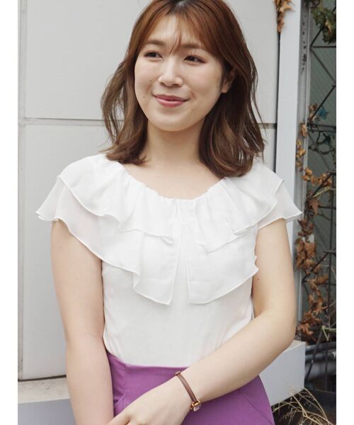 MERCURYDUO（マーキュリーデュオ）の「2WAYラッフルカラードッキングカットソー（Tシャツ/カットソー・レディース・ブラウン/その他1/オフホワイト・FREE）」の5枚目の写真