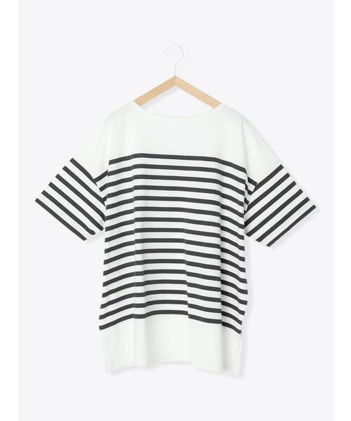 Samansa Mos2 blue（サマンサモスモスブルー）の「ボーダーバスクチュニックTシャツ（Tシャツ/カットソー・レディース・オフホワイト/グレー/ブルー・ﾌﾘ-）」の2枚目の写真