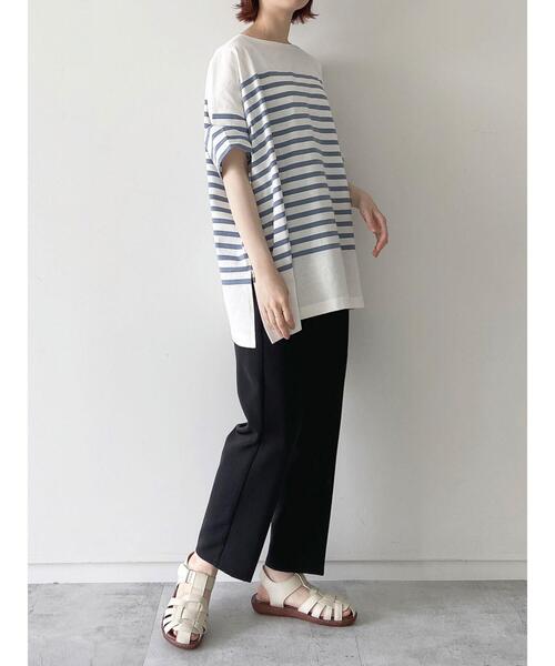 Samansa Mos2 blue（サマンサモスモスブルー）の「ボーダーバスクチュニックTシャツ（Tシャツ/カットソー・レディース・オフホワイト/グレー/ブルー・ﾌﾘ-）」の5枚目の写真