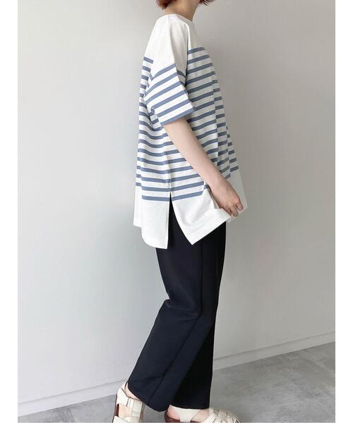 Samansa Mos2 blue（サマンサモスモスブルー）の「ボーダーバスクチュニックTシャツ（Tシャツ/カットソー・レディース・オフホワイト/グレー/ブルー・ﾌﾘ-）」の6枚目の写真