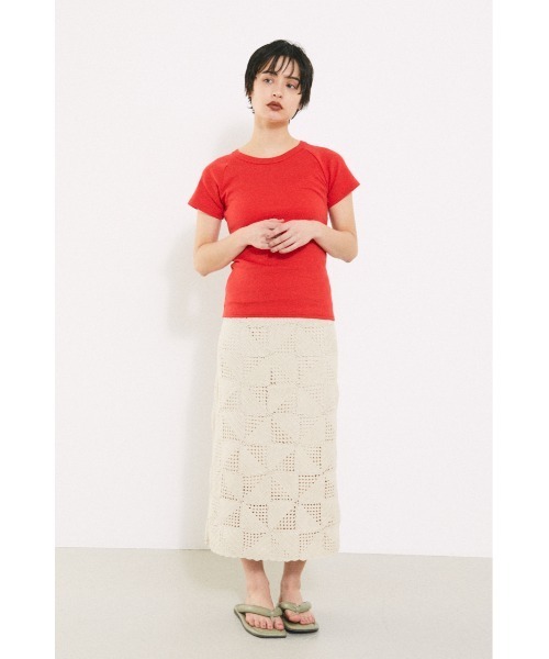 BLACK BY MOUSSY（ブラックバイマウジー）の「block crochet knit skirt（ブロッククロシェニットスカート）（スカート・レディース・アイボリー/グリーン系その他・FREE）」の4枚目の写真