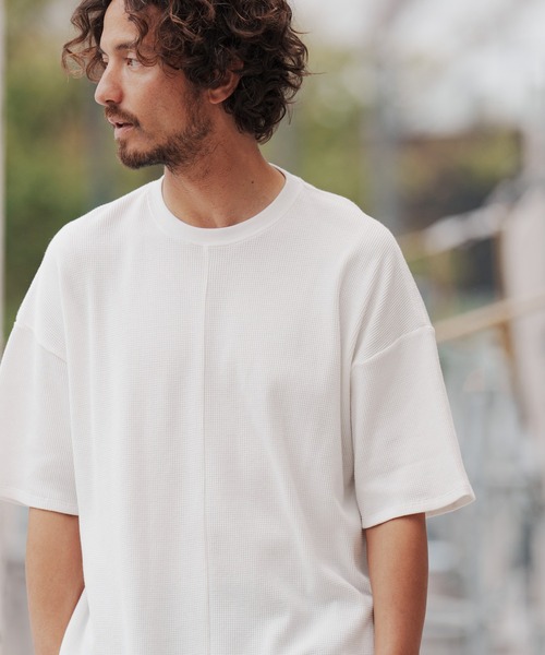 CAMBIO（カンビオ）の「mt7922-Waffle Long Length Short Sleeve Cut sew カットソー（Tシャツ/カットソー・メンズ・ホワイト/ブラック・S/M/L）」の7枚目の写真