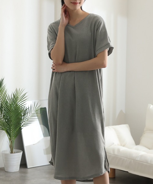 ワッフルVネックスリットワンピ（ルームウェア/パジャマ）｜ElegChic（エレグシック）